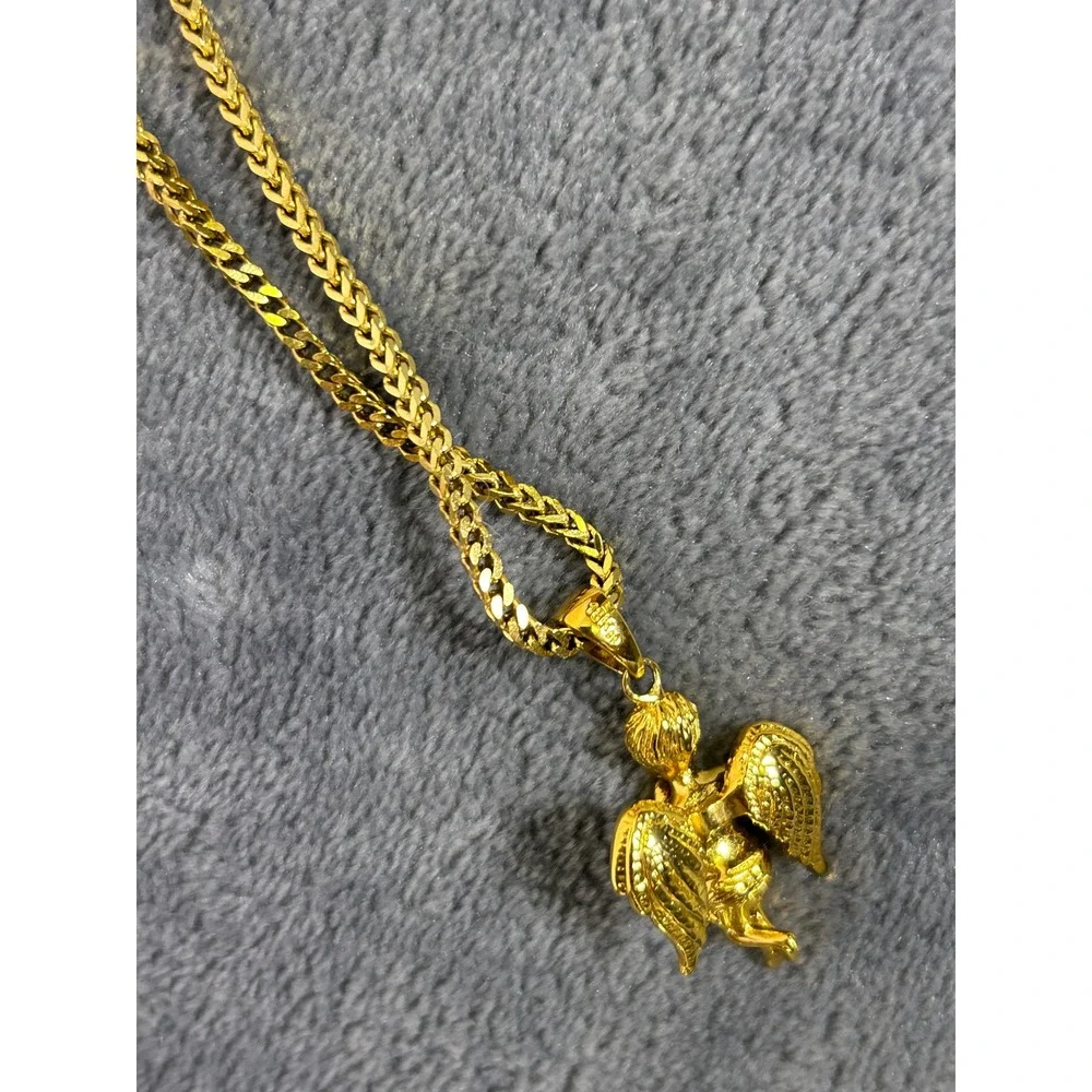 Gold Gods 18K Angel Pendant Necklace Mens Fashion 28 Inch Rope Chain Jewelry
